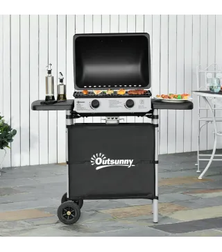 Barbacoa de Gas con 2 Quemadores 5,6 KW 2 Ruedas 2 Mesas Laterales y Parrillas de Acero 104x49x99 cm Negro