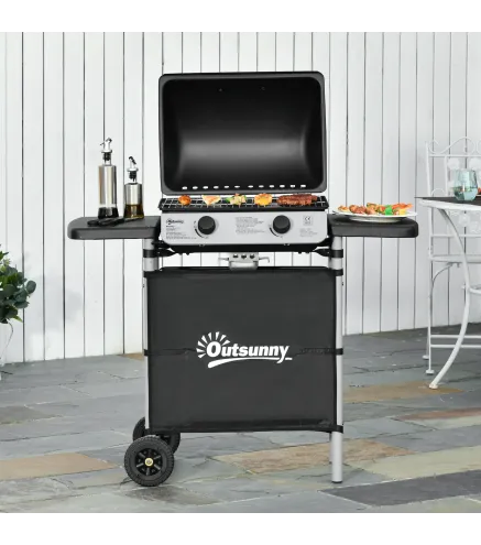 Barbacoa de Gas con 2 Quemadores 5,6 KW 2 Ruedas 2 Mesas Laterales y Parrillas de Acero 104x49x99 cm Negro