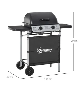 Barbacoa de Gas con 2 Quemadores 5,6 KW 2 Ruedas 2 Mesas Laterales y Parrillas de Acero 104x49x99 cm Negro