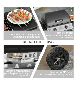 Barbacoa de Gas con 2 Quemadores 5,6 KW 2 Ruedas 2 Mesas Laterales y Parrillas de Acero 104x49x99 cm Negro
