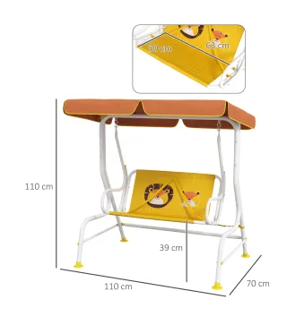 Balancín de Jardín Exterior de 2 Plazas con Patrón de León Toldo Ajustable en Ángulo Carga 60 kg 110x70x110 cm Amarillo