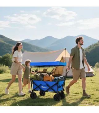 Carro Plegable con Toldo Desmontable Longitud y Ángulo del Mango Ajustables y Bolsa de Transporte Carga 100 kg Azul