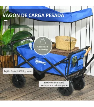 Carro Plegable con Toldo Desmontable Longitud y Ángulo del Mango Ajustables y Bolsa de Transporte Carga 100 kg Azul