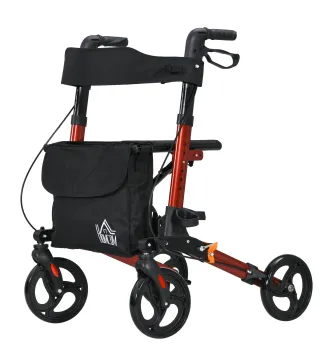 Andador para Ancianos Plegable de Aluminio con Asiento 4 Ruedas Altura Ajustable Frenos de Maneta Rojo y Negro