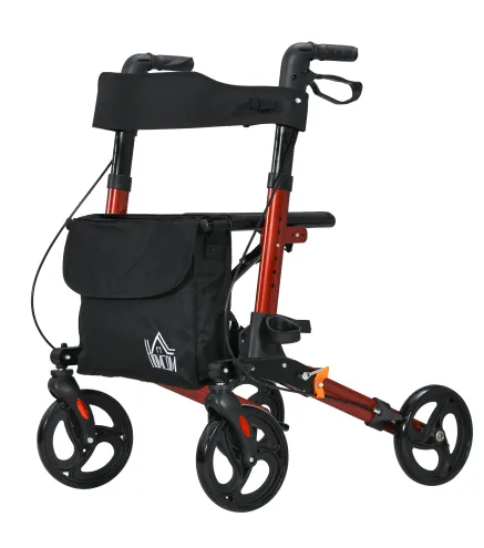 Andador para Ancianos Plegable de Aluminio con Asiento 4 Ruedas Altura Ajustable Frenos de Maneta Rojo y Negro