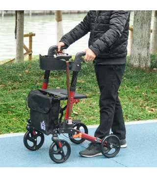 Andador para Ancianos Plegable de Aluminio con Asiento 4 Ruedas Altura Ajustable Frenos de Maneta Rojo y Negro