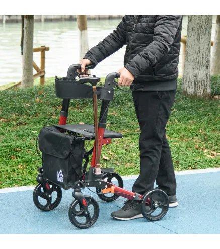 Andador para Ancianos Plegable de Aluminio con Asiento 4 Ruedas Altura Ajustable Frenos de Maneta Rojo y Negro