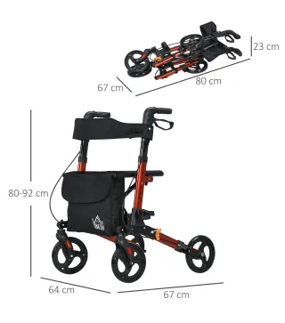 Andador para Ancianos Plegable de Aluminio con Asiento 4 Ruedas Altura Ajustable Frenos de Maneta Rojo y Negro