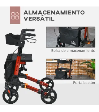Andador para Ancianos Plegable de Aluminio con Asiento 4 Ruedas Altura Ajustable Frenos de Maneta Rojo y Negro