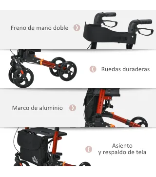 Andador para Ancianos Plegable de Aluminio con Asiento 4 Ruedas Altura Ajustable Frenos de Maneta Rojo y Negro