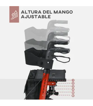 Andador para Ancianos Plegable de Aluminio con Asiento 4 Ruedas Altura Ajustable Frenos de Maneta Rojo y Negro