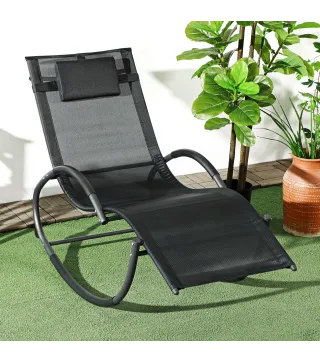 Tumbona Mecedora con Reposacabezas Reposabrazos y Marco Metálico Carga 120 kg para Interior y Exterior 155x61x88cm Negro