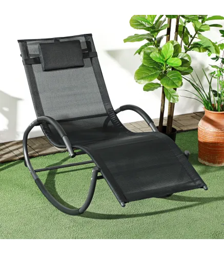 Tumbona Mecedora con Reposacabezas Reposabrazos y Marco Metálico Carga 120 kg para Interior y Exterior 155x61x88cm Negro