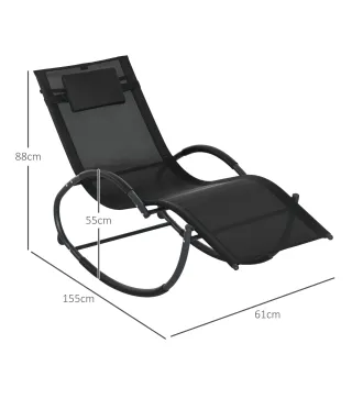 Tumbona Mecedora con Reposacabezas Reposabrazos y Marco Metálico Carga 120 kg para Interior y Exterior 155x61x88cm Negro