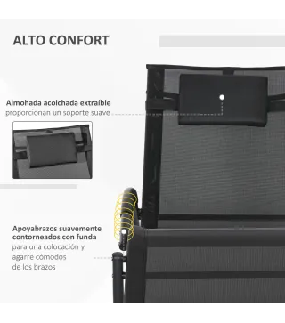 Tumbona Mecedora con Reposacabezas Reposabrazos y Marco Metálico Carga 120 kg para Interior y Exterior 155x61x88cm Negro