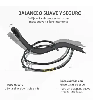 Tumbona Mecedora con Reposacabezas Reposabrazos y Marco Metálico Carga 120 kg para Interior y Exterior 155x61x88cm Negro