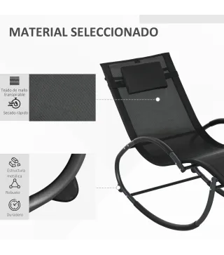 Tumbona Mecedora con Reposacabezas Reposabrazos y Marco Metálico Carga 120 kg para Interior y Exterior 155x61x88cm Negro