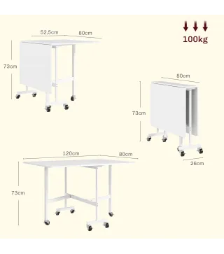 Mesa de Comedor Plegable para 4-6 Personas con Ruedas y Alas Abatibles Mesa Abatible para Cocina 120x80x73 cm Blanco