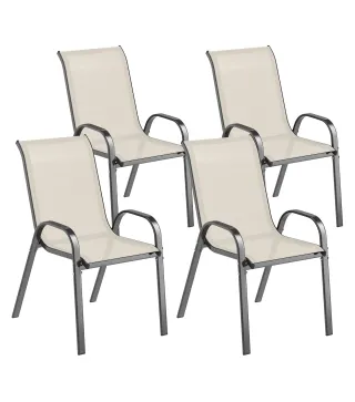 Set de 4 Sillas de Exterior Apilables con Asiento de Malla Respaldo Alto y Marco de Acero para Jardín Beige y Negro