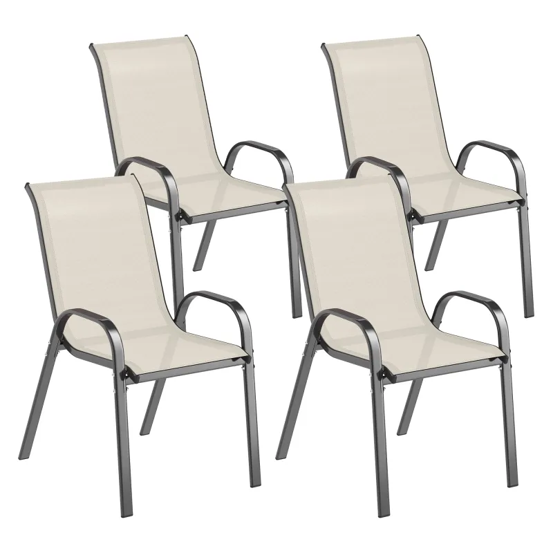 Set de 4 Sillas de Exterior Apilables con Asiento de Malla Respaldo Alto y Marco de Acero para Jardín Beige y Negro