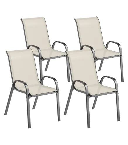 Set de 4 Sillas de Exterior Apilables con Asiento de Malla Respaldo Alto y Marco de Acero para Jardín Beige y Negro