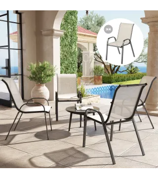 Set de 4 Sillas de Exterior Apilables con Asiento de Malla Respaldo Alto y Marco de Acero para Jardín Beige y Negro