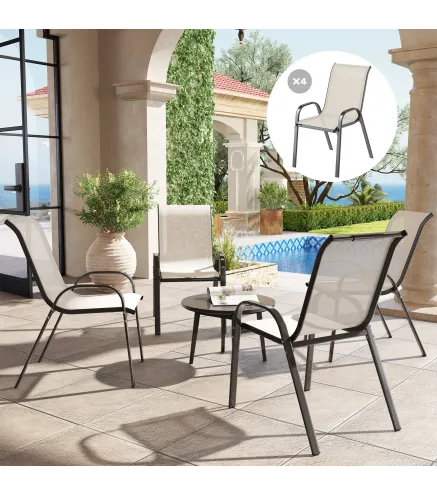 Set de 4 Sillas de Exterior Apilables con Asiento de Malla Respaldo Alto y Marco de Acero para Jardín Beige y Negro