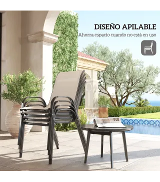 Set de 4 Sillas de Exterior Apilables con Asiento de Malla Respaldo Alto y Marco de Acero para Jardín Beige y Negro