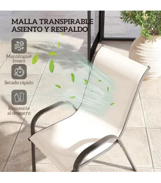 Set de 4 Sillas de Exterior Apilables con Asiento de Malla Respaldo Alto y Marco de Acero para Jardín Beige y Negro