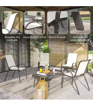 Set de 4 Sillas de Exterior Apilables con Asiento de Malla Respaldo Alto y Marco de Acero para Jardín Beige y Negro
