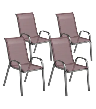 Set de 4 Sillas de Exterior Apilables Asiento de Malla Respaldo Alto y Marco de Acero para Jardín Marrón Oscuro y Negro