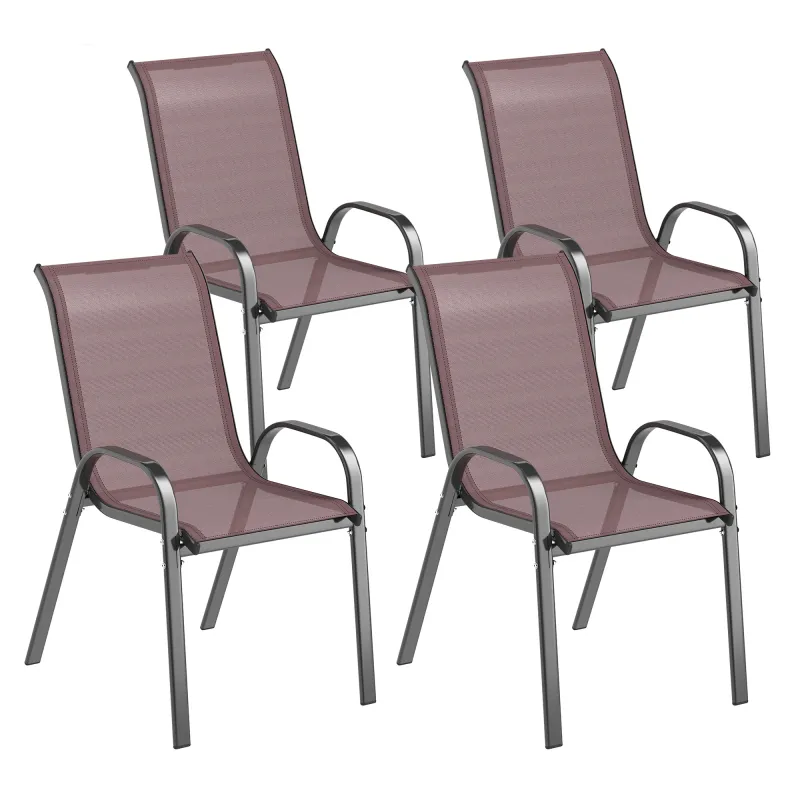 Set de 4 Sillas de Exterior Apilables Asiento de Malla Respaldo Alto y Marco de Acero para Jardín Marrón Oscuro y Negro