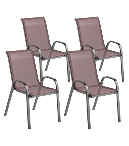Set de 4 Sillas de Exterior Apilables Asiento de Malla Respaldo Alto y Marco de Acero para Jardín Marrón Oscuro y Negro