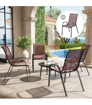 Set de 4 Sillas de Exterior Apilables Asiento de Malla Respaldo Alto y Marco de Acero para Jardín Marrón Oscuro y Negro