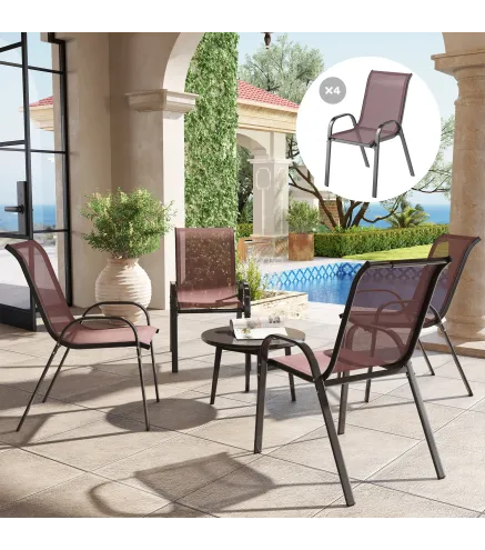 Set de 4 Sillas de Exterior Apilables Asiento de Malla Respaldo Alto y Marco de Acero para Jardín Marrón Oscuro y Negro