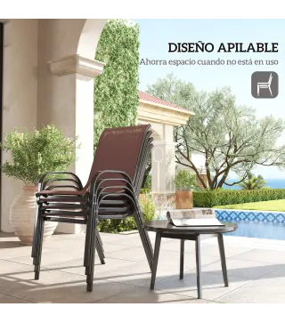 Set de 4 Sillas de Exterior Apilables Asiento de Malla Respaldo Alto y Marco de Acero para Jardín Marrón Oscuro y Negro