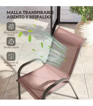 Set de 4 Sillas de Exterior Apilables Asiento de Malla Respaldo Alto y Marco de Acero para Jardín Marrón Oscuro y Negro