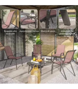 Set de 4 Sillas de Exterior Apilables Asiento de Malla Respaldo Alto y Marco de Acero para Jardín Marrón Oscuro y Negro