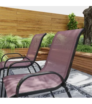 Set de 4 Sillas de Exterior Apilables Asiento de Malla Respaldo Alto y Marco de Acero para Jardín Marrón Oscuro y Negro