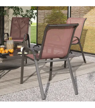 Set de 4 Sillas de Exterior Apilables Asiento de Malla Respaldo Alto y Marco de Acero para Jardín Marrón Oscuro y Negro