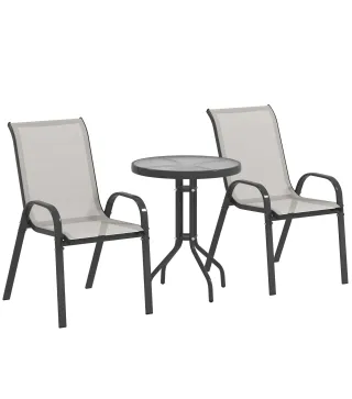 Conjunto de Jardín de 3 Piezas con Mesa Redonda Encimera de Vidrio y Sillas Apilables para Exteriores Gris Claro