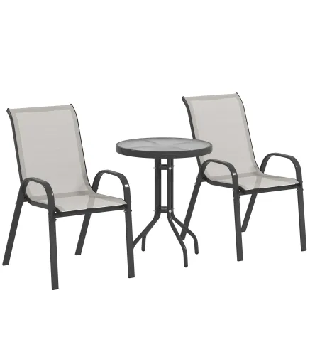 Conjunto de Jardín de 3 Piezas con Mesa Redonda Encimera de Vidrio y Sillas Apilables para Exteriores Gris Claro