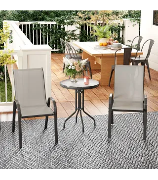Conjunto de Jardín de 3 Piezas con Mesa Redonda Encimera de Vidrio y Sillas Apilables para Exteriores Gris Claro