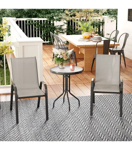 Conjunto de Jardín de 3 Piezas con Mesa Redonda Encimera de Vidrio y Sillas Apilables para Exteriores Gris Claro