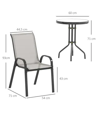 Conjunto de Jardín de 3 Piezas con Mesa Redonda Encimera de Vidrio y Sillas Apilables para Exteriores Gris Claro