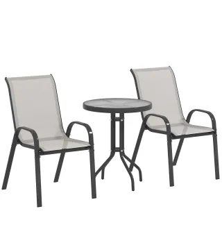 Conjunto de Jardín de 3 Piezas con Mesa Redonda Encimera de Vidrio y Sillas Apilables para Exteriores Gris Claro