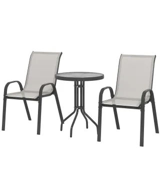 Conjunto de Jardín de 3 Piezas con Mesa Redonda Encimera de Vidrio y Sillas Apilables para Exteriores Gris Claro