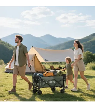 Carro de Jardín Plegable con Mango Telescópico Ajustable Puerta Trasera Expandible para Campaña y Compra Verde