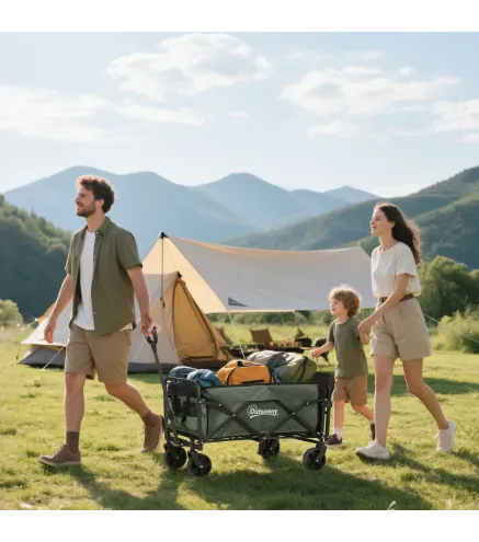 Carro de Jardín Plegable con Mango Telescópico Ajustable Puerta Trasera Expandible para Campaña y Compra Verde