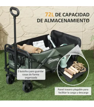 Carro de Jardín Plegable con Mango Telescópico Ajustable Puerta Trasera Expandible para Campaña y Compra Verde